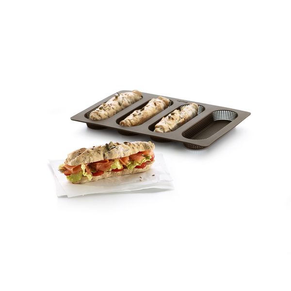 Lekue 4 Cavity Micro Perforated Mini Baguette Baking Pan, Brown