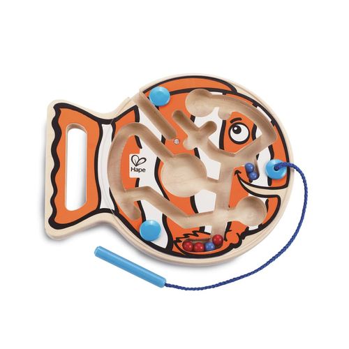 Hape Go-Fish-Go Maze Puzzle Magnetic Wooden Bead Happy Clown Fish Educational Travel Toy Game for Toddlers and Kids, Orange and White