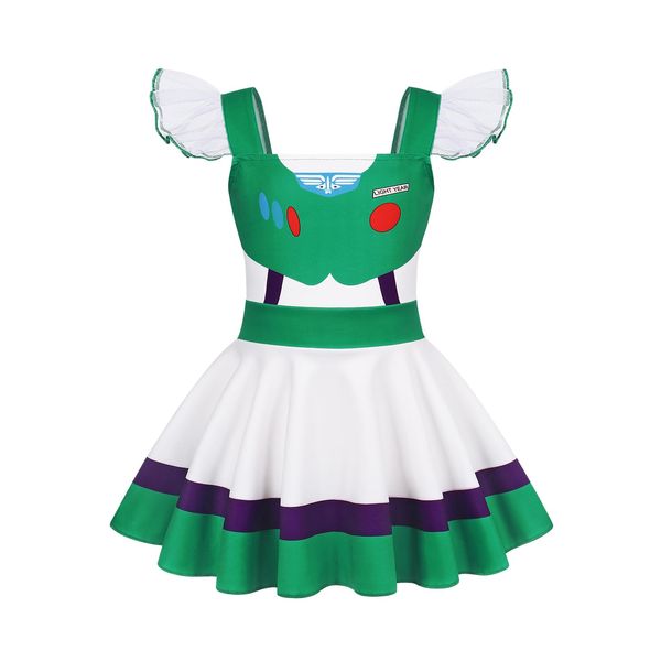 Jurebecia Buzz Dress for Girls Halloween Costume Cowgirls Princess Cosplay Halloween Theme Party Dress up Role Play Ruffle Sleeve Dress Green Size 3t