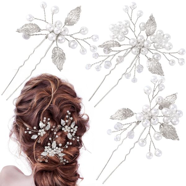 ANCIRS 3 Pack Pearl Bridal Wedding Hair Styling Pins, Vintage Leaves Style Bride Head Piece, U Shape Rhinestone Flower Hair Accessories for Women & Girls Bridesmaids Wedding Hairstyles- Silver