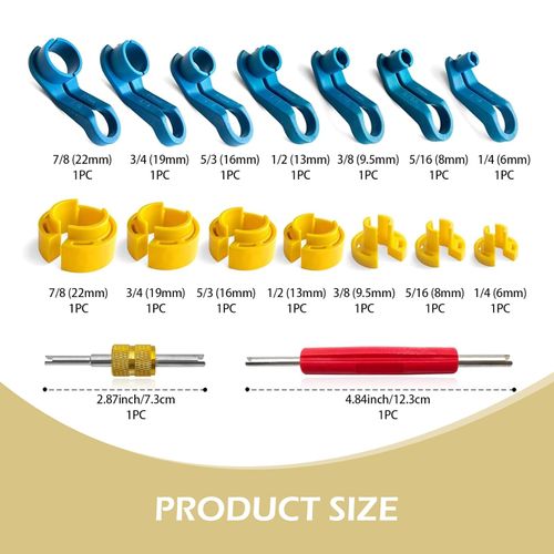 Shakas 16 PCS Fuel Line Disconnect Tool, 1/4 5/16 3/8 1/2 5/8 3/4 7/8 Inch Multi-size Wrench Set, Transmission Oil Cooler Tube Tool with Double-ended Valve Core Wrench, for Most Cars (Multicolored)