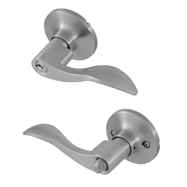 Honeywell Safes & Door Locks - Interior & Exterior Wave Lever Door Handle with Keys - Door Lever for Bedroom - Anti-Bump Resistant - Reversible for Right & Left Sided Doors - Satin Nickel - 8106301