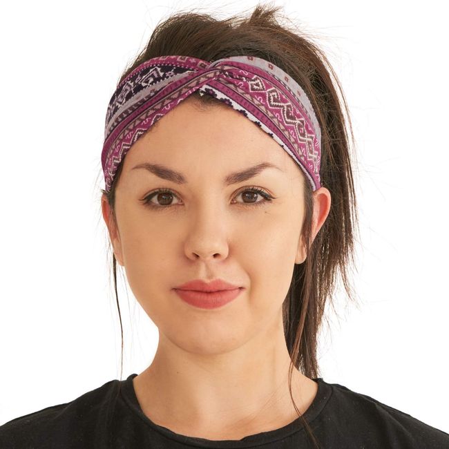 Boho Turban Headbands for Women - Cotton Stretchy Head Wraps Criss Cross Twist Hair Band Bohemian Ottoman Print Hairband Purple