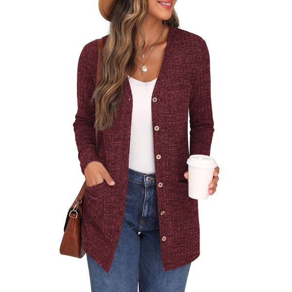 GRECERELLE Womens Cardigan Long Sleeve Open Front Cardigans Button Down V Neck Ribbed Knit Lightweight Outerwear with Pocket (Wine Red, L)