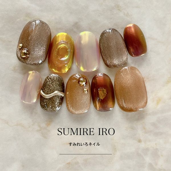 Nail tips False nails Bridal nails Short Coming-of-age nails Design Simple nails Nail Beige nails Small nails Large nails Very short Chibi nails Adult nails False nails Custom nails<br> [o2177] Beige/brown magnet mirror line donut