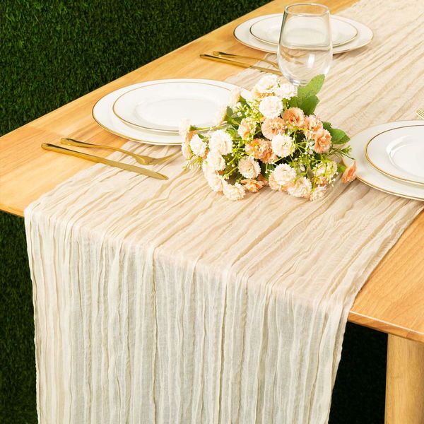 Kesfey 90x400cm Cheesecloth Table Runner Beige, 13FT Long Rustic Gauze Boho Table Runner for Wedding Bridal Banquet Decoration Party Festivals(35x157in)