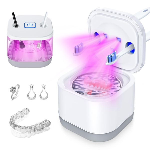 ABSKRYO Ultrasonic Retainer Cleaner with UV Light 45000Hz Ultrasonic Cleaner for Dentures Aligners Mouth Guards and Toothbrushes Ultrasonic Jewelry Cleaner Machine with Two Mode Settings and Timer