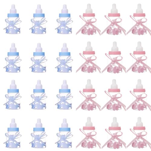 Candy Bottles for Baby Shower,24 Pcs Plastic Mini Reusable Filling Candy Bottles with Bear for Party Favors Holy Communion Supplies Boy Girl Newborn Infant Baptism Birthday Decoration(Pink+Blue)