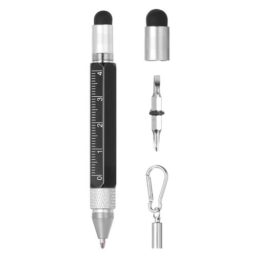 MECCANIXITY 6 in 1 Metallic Stylus Pen Aluminum Alloy Mini Capacitive Pens with Ballpoint Pen, Ruler, Screwdriver, Stylus, Keychain for Men and Women,Black