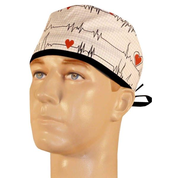 USA Made White EKG Heartbeat Medical Scrub Cap Sweatband Adjustable Ties Doctor Nurse