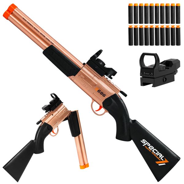 Toy Gun Double Barrel Shotgun Toy,with 20 Soft Bullet Darts, Toy Foam Blaster Foam Dart Blaster with Scope for Kids, Youth, Teen, Boys-Holiday for 8-12 Year (Gold)