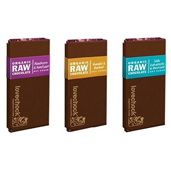 LOVECHOCK Tafeln Set 3x 70g Blaubeere & Hanfsaat, Kakaonibs & Meersalz, Mandeln & Baobab (roh bio vegan) Rohschokolade 3er-Set