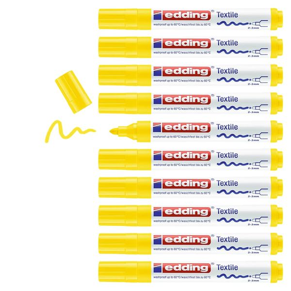 edding 4500 textile marker - yellow - box of 10 - round nib 2-3 mm - permanent fabric markers for drawing on textiles, wash-resistant up to 60 °C - marker pens for fabric lettering