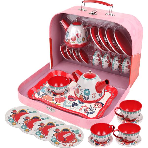 Tea Set for Little Girls, Pretend Play Tea Party Set, Floral Design Kids Tin Tea Set with Carrying Case (15 Pcs)