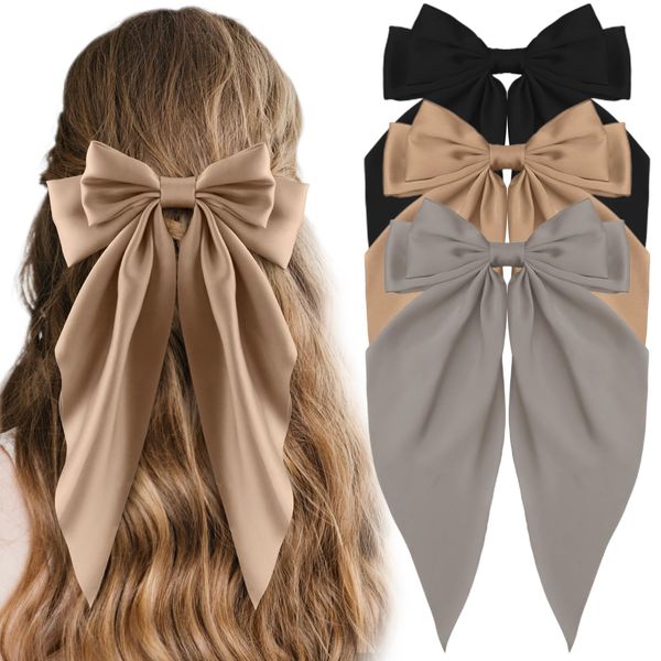 CAVETEE 3 Pcs Big Hair Bows for Women, Silky Satin Hair Bows Accessories Hair Ribbons Oversized Long Tail Hairbows Bow Hair Clips for Woman and Girls (Black/Gray/Khaki)