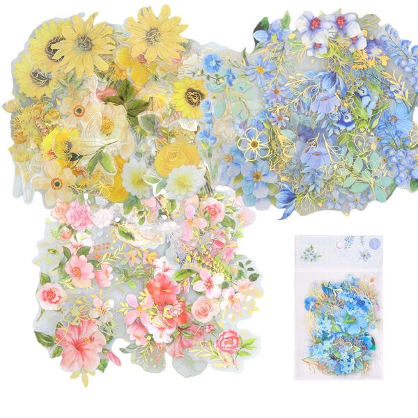 Hocadrv 120 Stück Sticker Blumen Scrapbook Stickers Pflanzen Blumen PET Sticker Blume Scrapbooking Transparent Sticker für Fotoalbum Handwerk DIY Dekoration