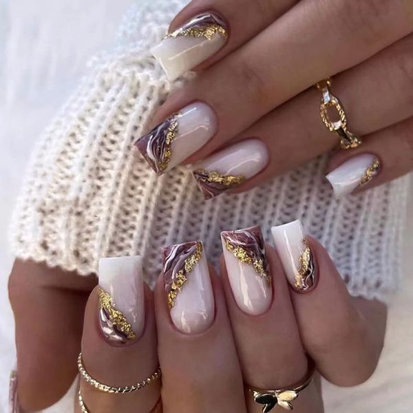 Caiguoer 24pcs Square White Purple Halo Nails Gold Foil False Nails Short French Press on Nails for Women and Girls