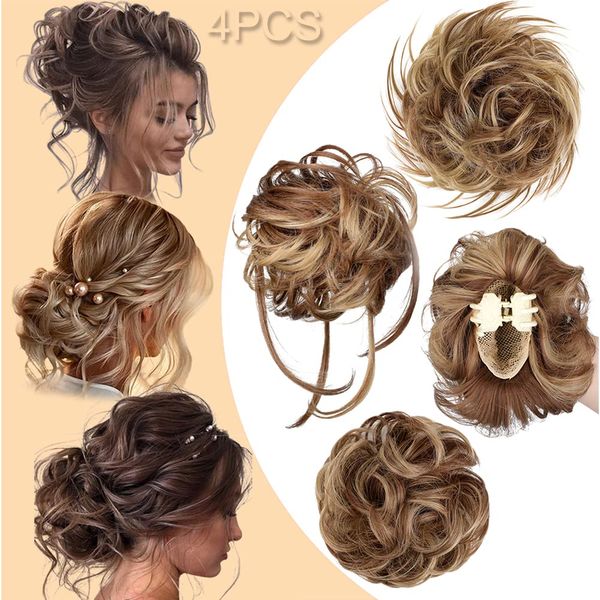 Qunlinta 4 PCS Messy Hair Bun Hairpiece Tousled Updo for Women Hair Extension Claw Ponytail Scrunchies with Elastic Rubber Band Long Updo Messy Hairpiece Hair Accessories for Women