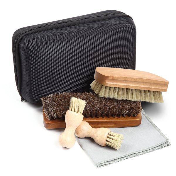 FOOTSTEPS Shoe Polish Brush Set, Horse Hair Brush, Pig Bristle Brush, Penetrate Brush Set, Cleaning Cloth Storage Case Included, Black