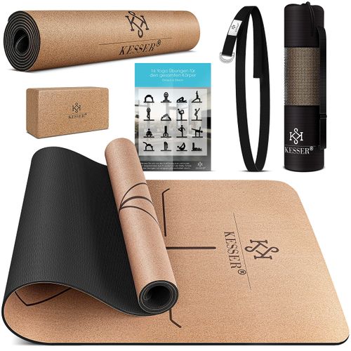 KESSER® Cork Yoga Mat with Carry Strap, Bag & Yoga Block, Gymnastics Mat, Non-Slip Mat Made of Natural Rubber TPE Fitness Mat, 183 x 62 cm, Training Mat for Fitness, Sports Mat, Gymnastics, Extra
