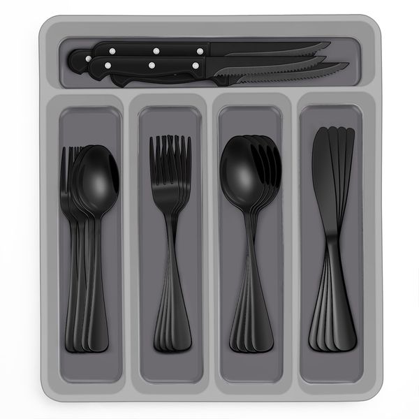 48-Piece Black Silverware Set with Organizer, Black Flatware Set with Steak Knives for 8, Food-Grade Stainless Steel Tableware Cutlery Set, Mirror Finished Utensil Sets for Home Restaurant