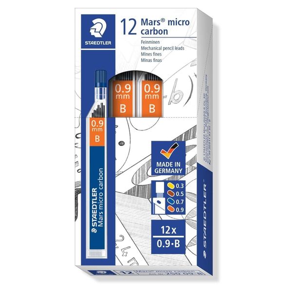 STAEDTLER 250 09-B Mars Micro Refill Leads for Mechanical Pencils - B, 0.9mm (Box of 12 x Tubes of 12 Leads)