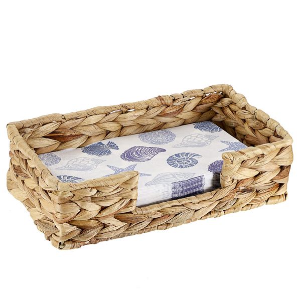 BSTKEY Rectangle Water Hyacinth Napkin Holder, Natural Wicker Basket Tissue Paper Towel Storage Tray, Napkin Organizer Serving Tray for Room Kitchen Restaurant Countertop (25 x 14 x 7CM)