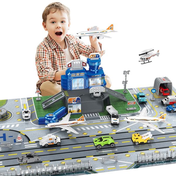 deAO Airplane Toys for Kids with Trucks, Helicopter,Planes, Signs,Fire Trucks Race Cars and Airport Playmat,Great Military Toys Gift for 3 4 5 6 Boys Girls Kids