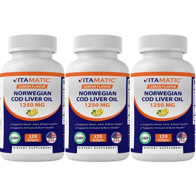 3 Pack - Vitamatic Norwegian Cod Liver Oil 1250mg 360 Softgels (Lemon Flavor)