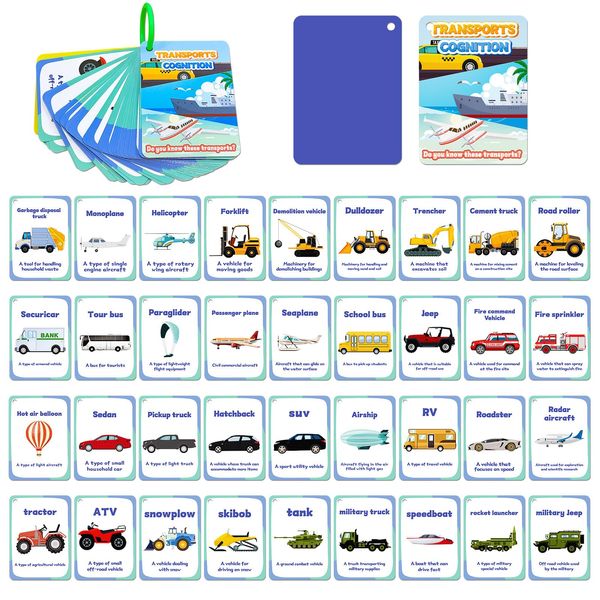 46PCS Transports Cognition Flash Cards for Kids,Cognitive Flash Cards for Cars Truck Vehicle Airplane, Waterproof Learning Flashcards for 3+ Years