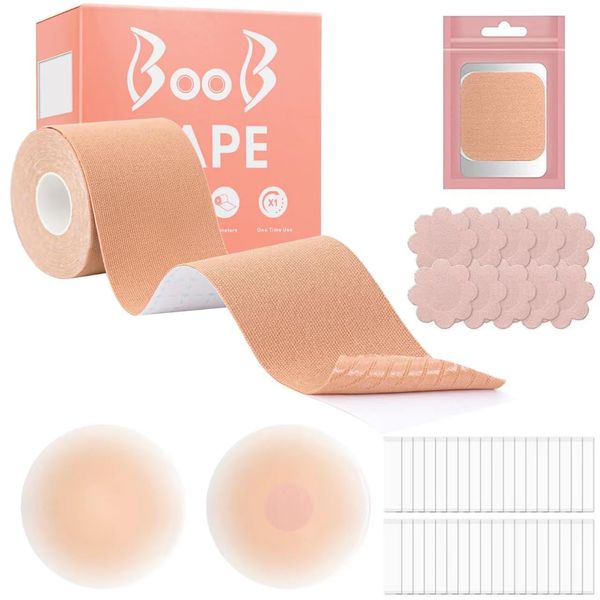 Antmoilios Boobtape, Breathable Breast Lift Boob Tape, 1 Body Tape, 5 Pairs Satin Breast Petals, 2 Pieces Silicone Breast Reusable Adhesive Bra, 36 Pieces Double Sided Tape, for Large Breasts A-G Cup