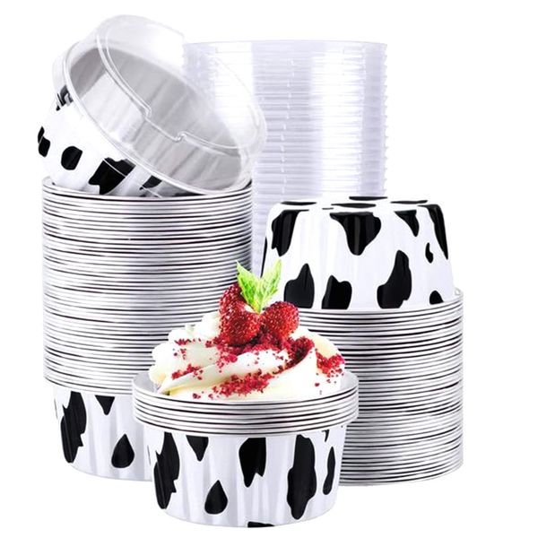 Aluminum Ramekins with Lids, 50pcs 5oz Aluminum Foil Baking Cups, Recyclable Foil Ramekins Muffin Liners, Aluminum Foil Dessert Containers Cupcake Holders Pans with Lids Cow color