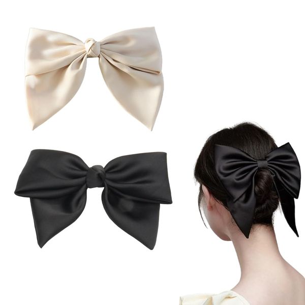 ZKHSEOU 2er-Pack große Schleifen-Haarspangen, Schleifen-Haarspangen für Frauen, französische Stoff-Haarspangen für Frauen, elegante Satin-Haar-Accessoires für Mädchen mit Schleifen (schwarz und beige)