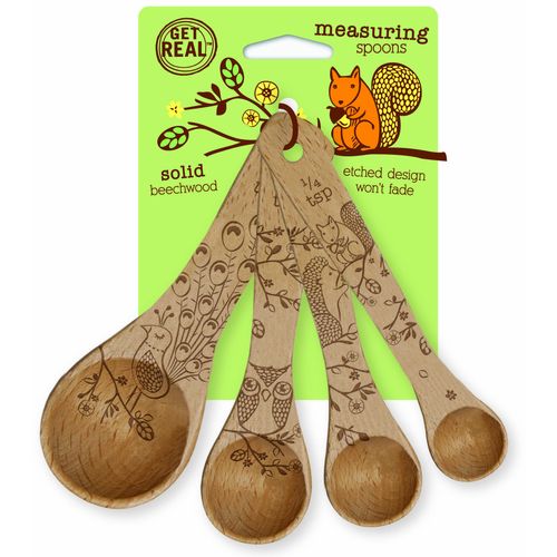 Talisman Designs Laser Etched Beechwood | Set of 4 | Woodland Design | Natural, Wooden Measuring Spoons Set| Cute & Functional Kitchen Tools