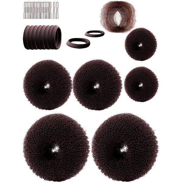 Hair Bun Maker，Hair Doughnut Shaper（ 2 Small,2 Medium,2 Large ）Hair Doughnut Sock Bun For Girl (Brown)