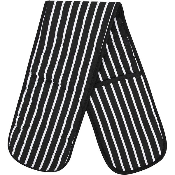 Butcher Quilted Stripe Pot Holder Heat Resistant Mitt 100% Cotton Double Oven Gloves (Black)