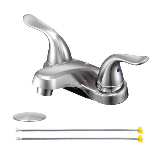 KPWATER Bathroom Sink Faucet Dual Handles 4" Centerset Bathroom Faucet with Pop-up Drain Stopper, Plating Over ABS Plastic Non-Metallic Basin faucets with Supply Hose- Brushed Nickel Finish