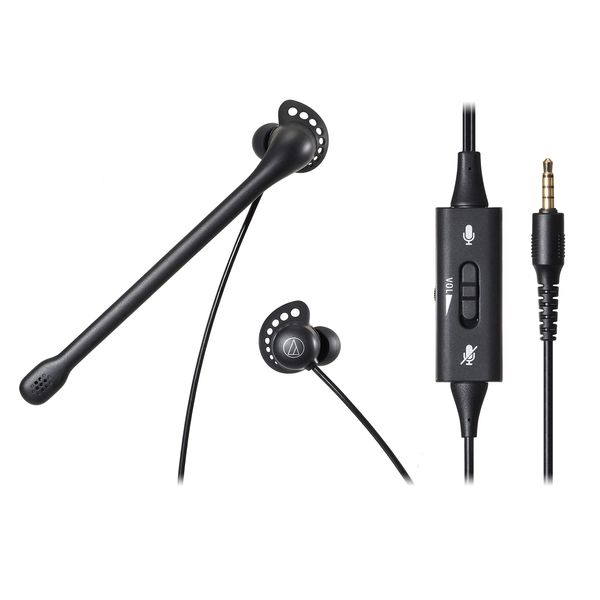 Audio-Technica ATH-202COM BK In-Ear Headset, PC/PS4/PS5/Switch/Xbox One/3.5mm Stereo 4-Pole, Noise Cancelling Microphone, Hand Controller, Antibacterial, Deodorizing, U-Shaped Cord