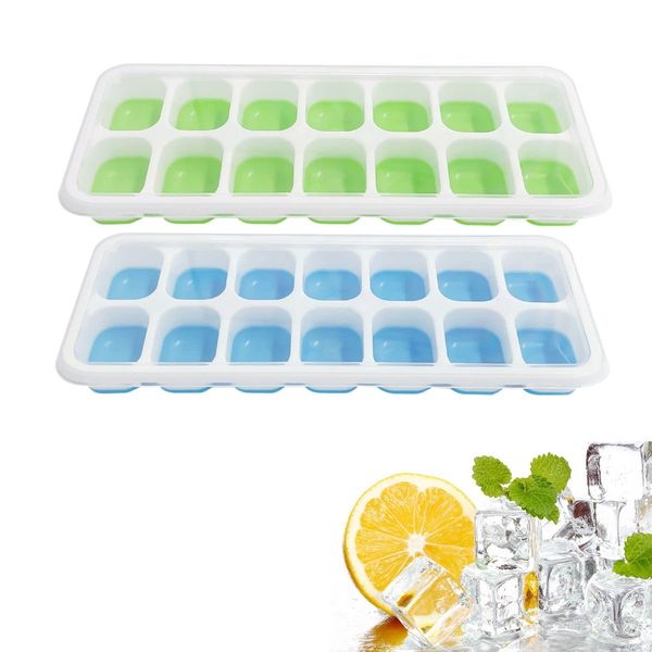 2 Pieces Silicone Ice Cubes with Lid, 14 Compartment Square Ice Cube Tray Space Saving Stackable and Easy Removal, Green+Blue