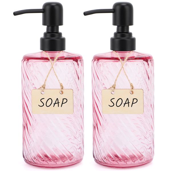 Segbeauty Pumpflasche Glas, 2 Stück Seifenspender 500ml, Duschgel Flasche Zum Befüllen, Spülmittelspender mit Edelstahlpumpe, Seifenspender Vintage Rosa, Badaccessoires