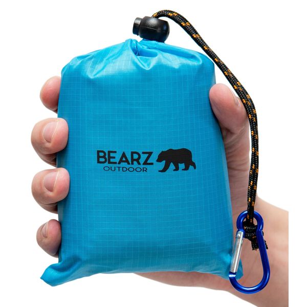 BEARZ Outdoor Travel Blanket - Pocket Sized Beach Blanket Camping Blanket, Waterproof Picnic Blanket, Sandproof Beach Mat - Camping Gadgets & Festival Hiking Accessories (Blue)