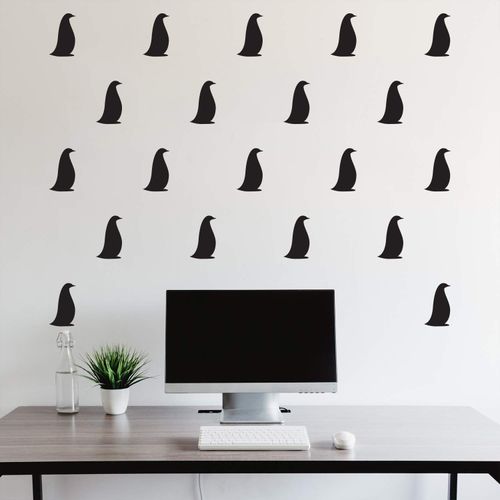 Set of 20 Vinyl Wall Art Decal - Penguin Pattern - from 6" x 3.7" Each - Cute Fun Penguins Adhesive Stickers Animal Design for Kids Bedroom Home Office Living Room Classroom Playroom Decor (Black)