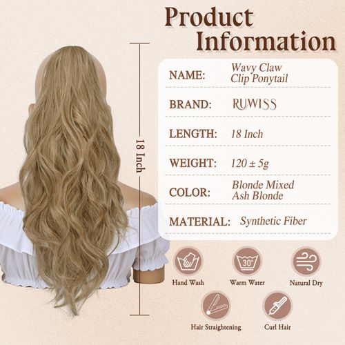 RUWISS Ponytail Hairpiece with Clip, 45 cm Wavy Claw Clip-In Ponytail Hair Extensions, Long Synthetic Curly Ponytail Extension for Women, Blonde Mixed Ash Blonde