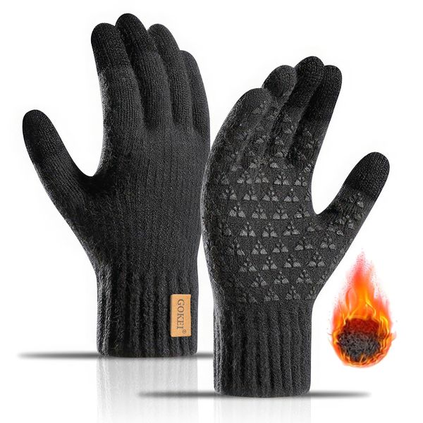 Gokei Men's Gloves for Smartphones, Cold Protection, Fleece Lined, Knit Gloves, Winter Gloves, Bicycle Gloves, Men's Gloves, gray (dark gray)