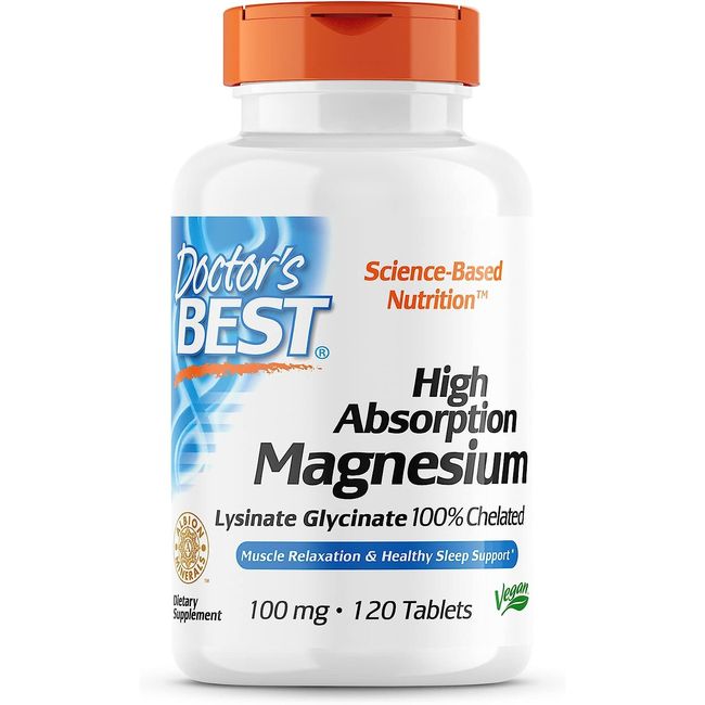 Doctor's Best Chelated Magnesium Glycine Lysine 100mg 240 Tablets Menstrual pain, Muscle cramps, Migraine, High Absorption Rate Magnesium 120 Tablets, 1