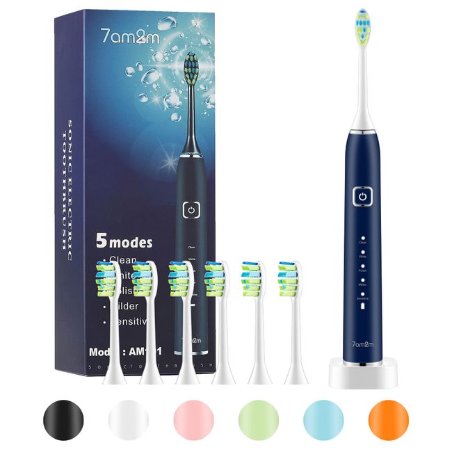 7am2m Electric Toothbrush, Sonic Electric Toothbrush, Ultrasonic Vibrating Brush, Includes 6 Replacement Brushes, Wireless Fast Charging, Can Be Used For 90 Days On A Single Charge, 5 Modes, Electric Toothbrush Polishing, 2 Minutes Auto Timer Function, IP