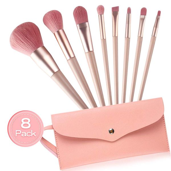 Make up Pinsel Set - 8 Stück Schminkpinsel, Pinselset Makeup Foundation Contouring Beauty Concealer Pinsel Weich, Makeup Brushes Profi Kosmetikpinsel Blending Brush Set mit PU-Ledertasche(Pink)