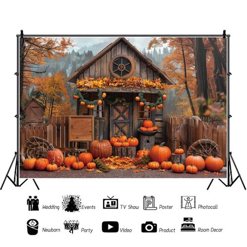 Autumn Log Cabin Backdrop 12x8ft Fabric Fall Pumpkins Party Decoration Children Fall Birthday Pictures Backdrop Friendsgiving Party Background Halloween Pumpkin Contest Events Photos
