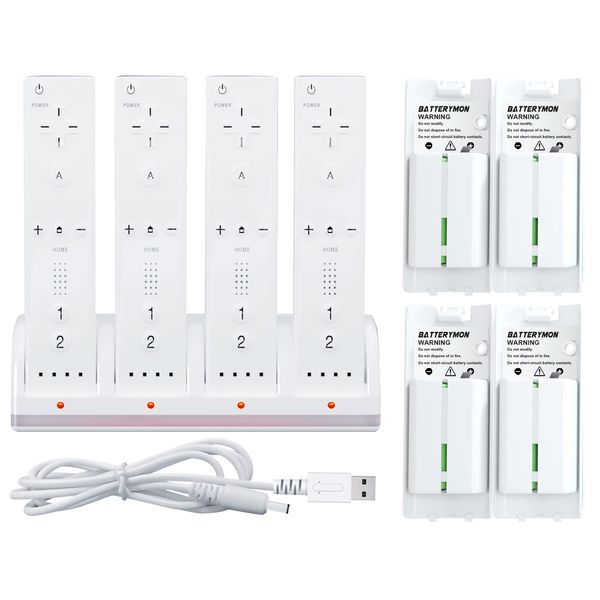 Battery Charger Set for Wii Wiiu Remote Controller, 4Pack Rechargeable Wii Battery Replacements + Wii Remote Charger Station Dock with 4 Charging Ports + USB Cord (NOT Include Controller)