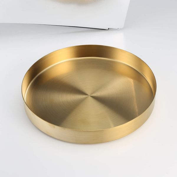 Gold Round Tray Decorative Stainless Steel Serving Tray Metal Organizer Plate for Makeup, Jewelry, Tea, Coffee, Drinks, Toiletries, Kitchen Tableware